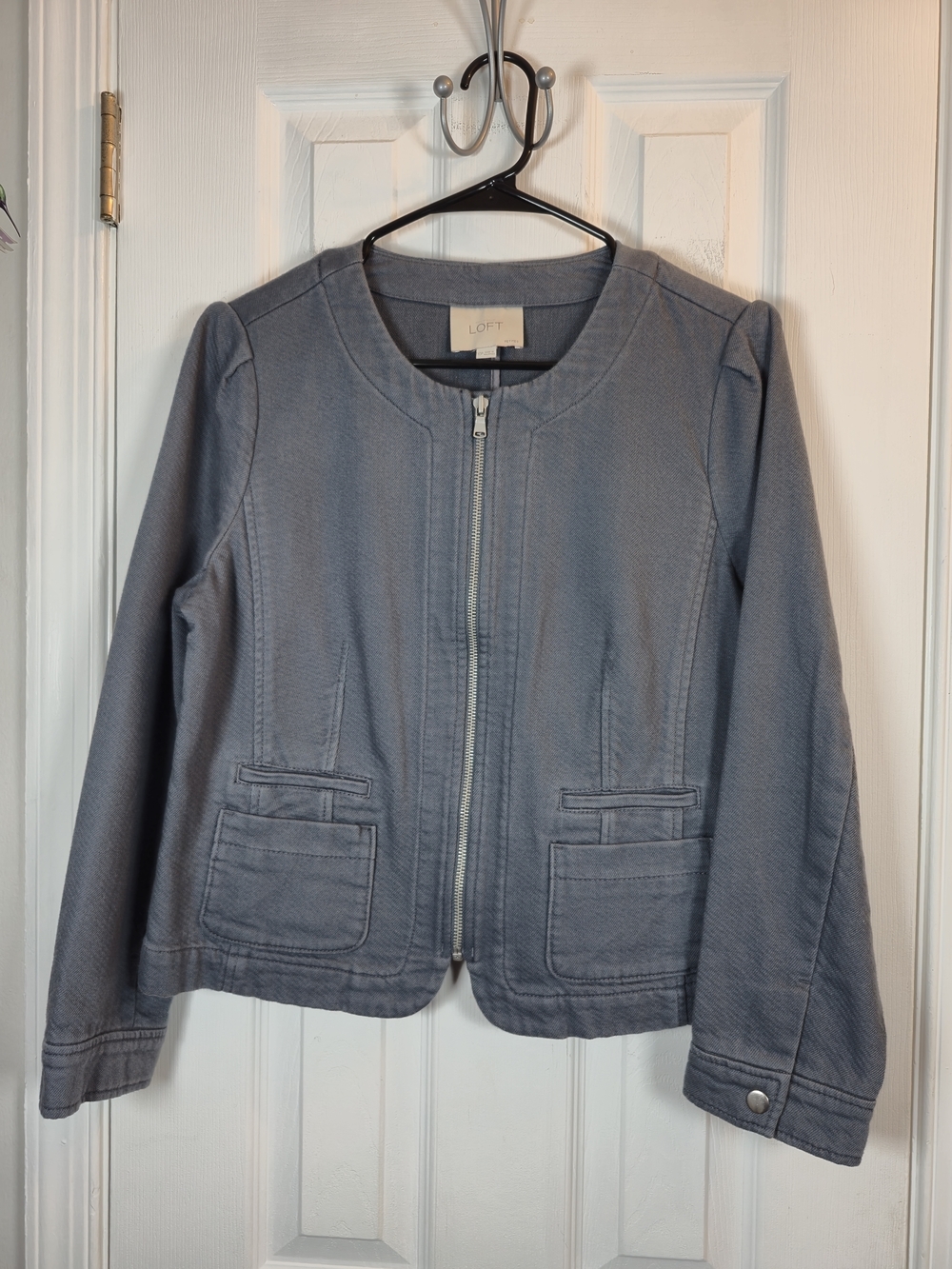 LOFT Ann Taylor Gray Textured Cotton Full Zip Moto Jacket Petite 10P